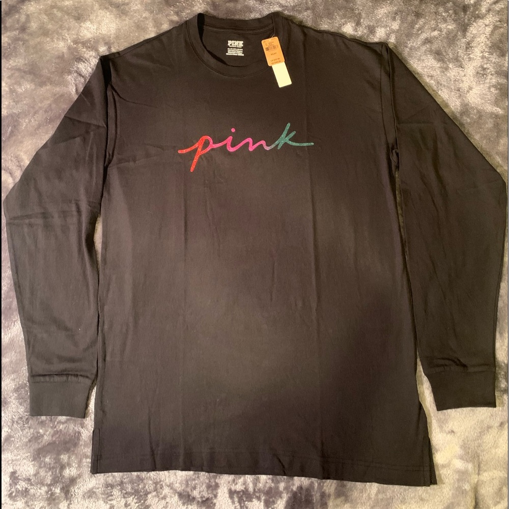 Victoria's Secret PINK Campus Glitter Gradient Script Logo Longsleeve Tee XS
